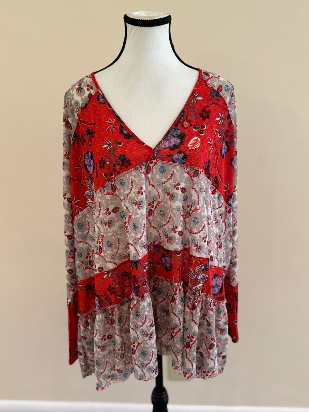 Free People Red Mixed-Print V-Neck Tiered Long Sleeve Top XS